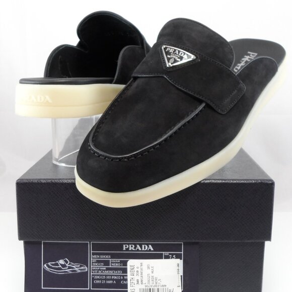 NIB$950 Prada Saint Tropez Suede Metal Triangle Logo Loafer Mules 7.5, US 8.5 - Picture 9 of 16